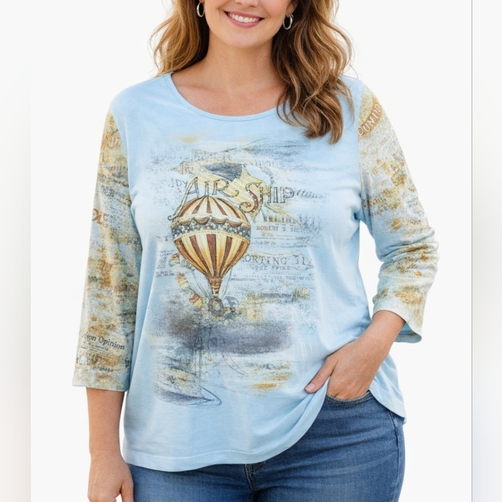 Katina Marie Woman's Size XL Graphic Top  Made In USA 100% Cotton Air Ship Bling